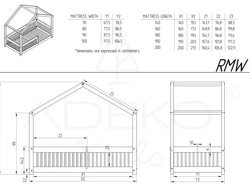 Natúr színű házikó alakú borovi fenyő gyerekágy 90x180 cm Mila RMW – Adeko
