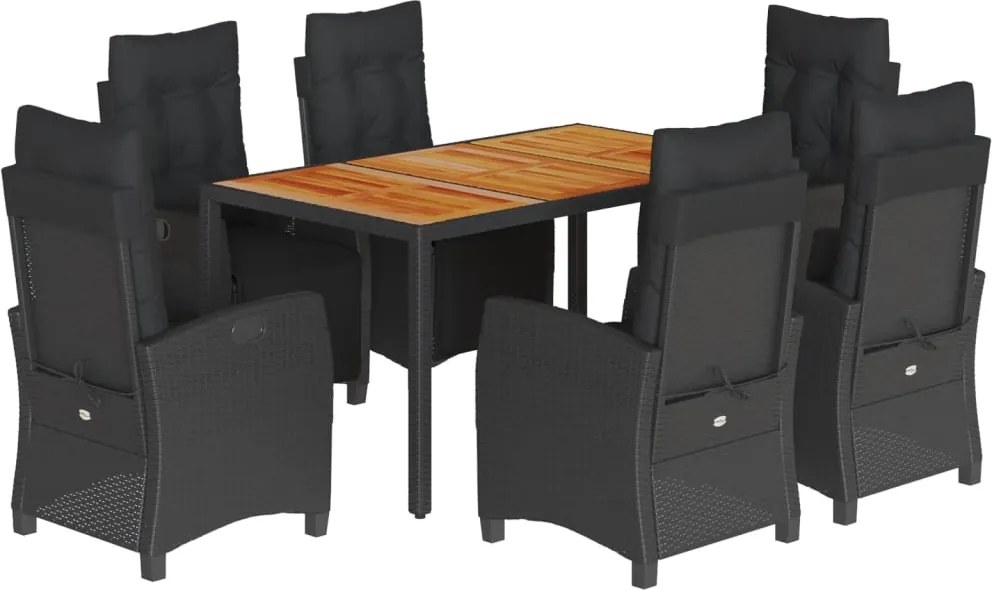 vidaXL 7 részes fekete polyrattan kerti étkezőgarnitúra párnával