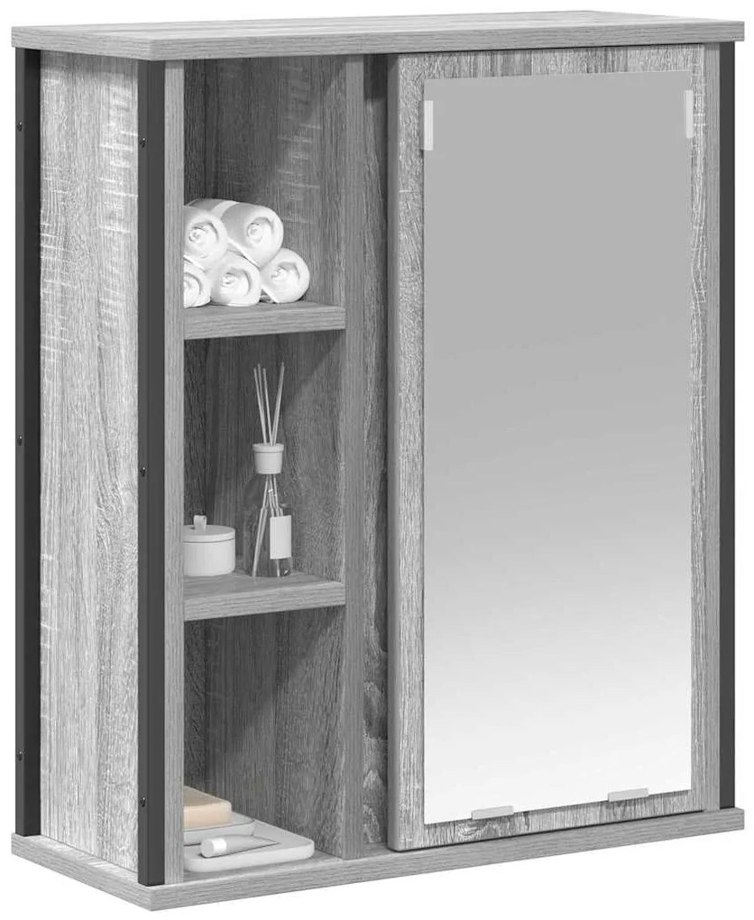 szürke sonoma fürdőszoba fali szekrény tükörrel 50x21x60 cm