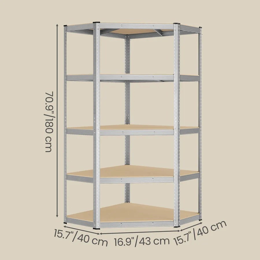 SONGMICS fém sarokpolc, 5 szintes, 875 kg teherbírás, 180 x 90 x 90 cm