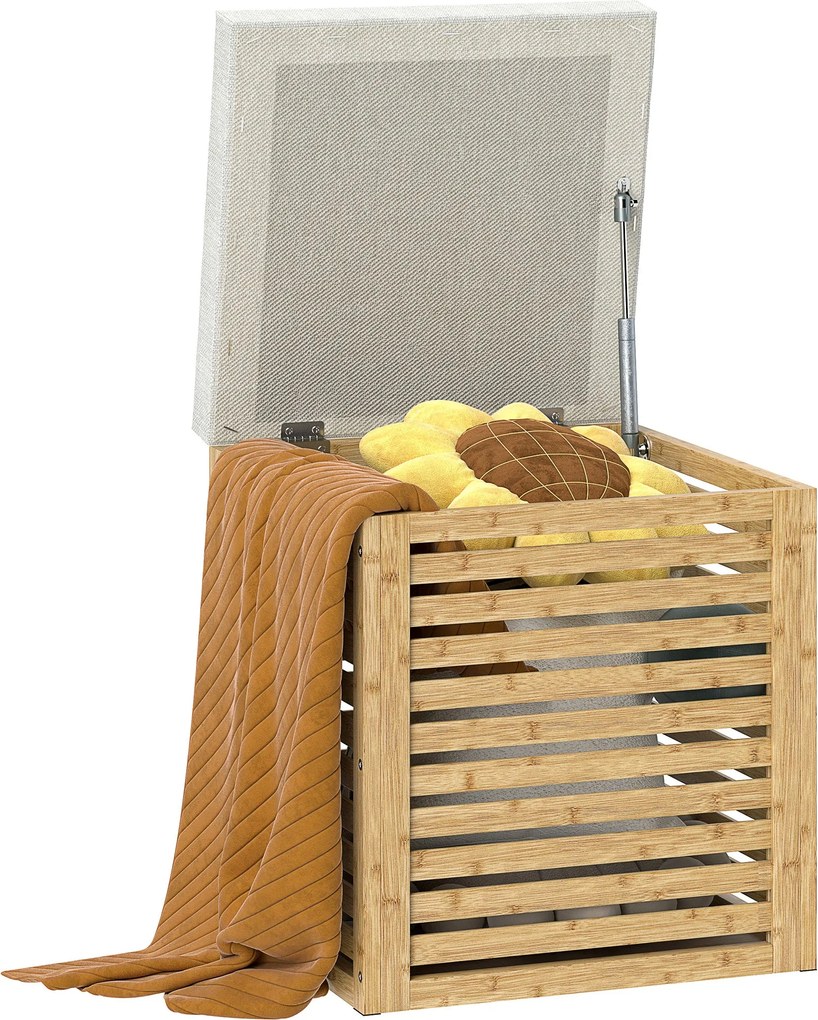 HOMCOM Tároló Láda 54,7L Kárpitozott Tároló Puff Szintetikus Vászonnal és Párnázott Bambusz Kerettel Előszobába, Nappaliba 40x40x47 cm Szürke és Termé