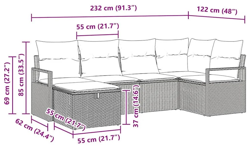 Kerti Kanapé Szett 6 pcs Fekete és krémszínű 232 x 122 x 85 cm