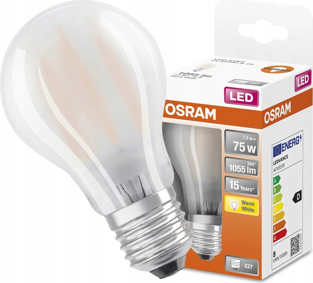 Led izzó E27 A60 8W 75W 2700K Filament Osram