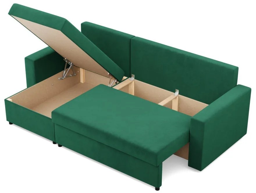 Zeus sarokkanapé, 2 ágyneműtartóval, egyenes kartámasz, bársony, univerzális oldal, hab töltet, zöld