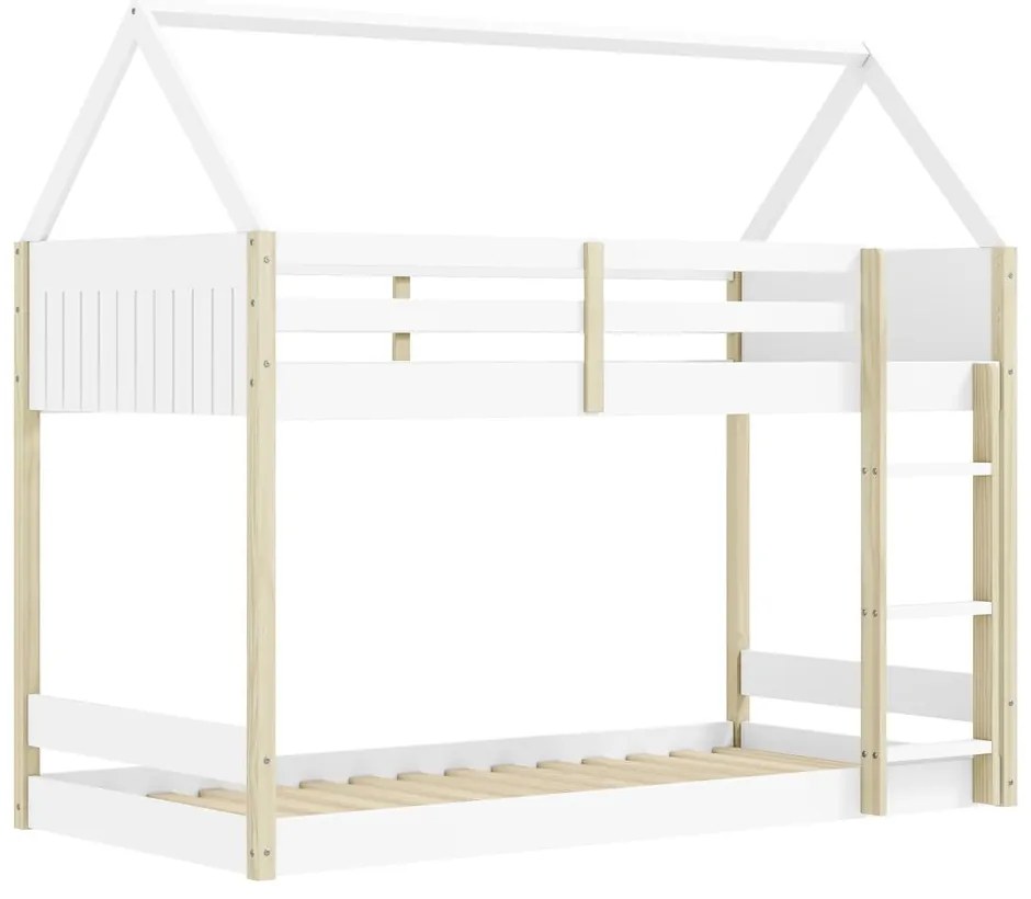 Fehér-natúr színű házikó alakú emeletes gyerekágy 90x190 cm Valka – Marckeric