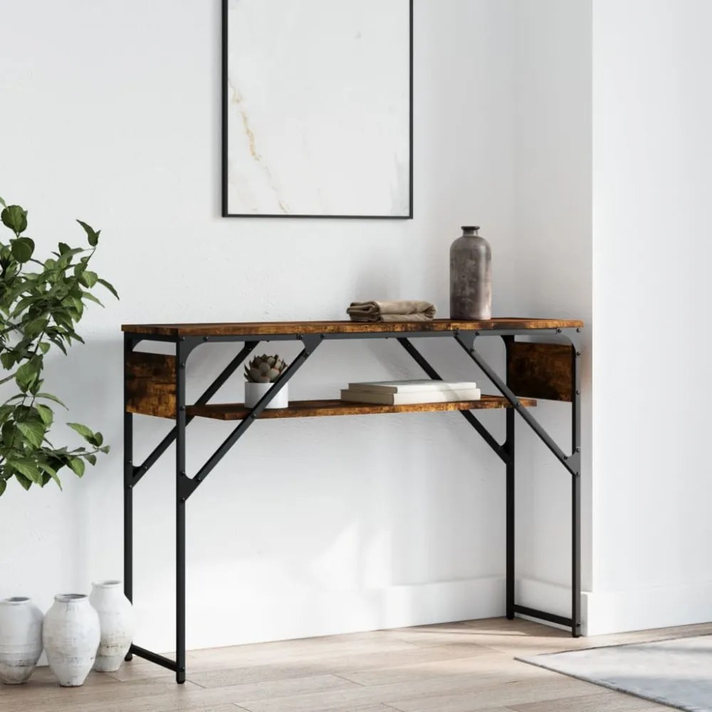 füstös tölgy színű szerelt fa tálalóasztal polccal 105x30x75 cm