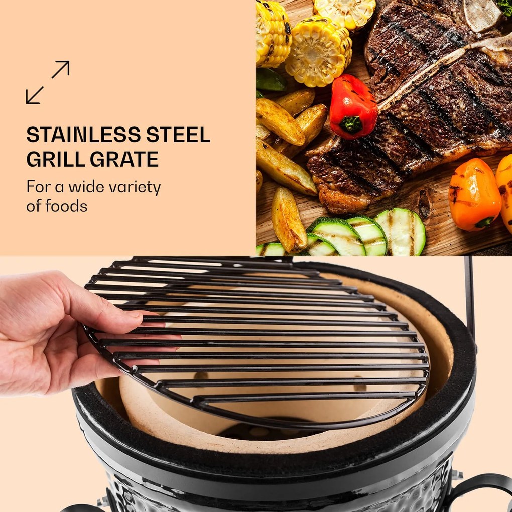 Princesize, kamado grill, kerámia, 11", füstölés, BBQ, lassú főzés, fekete
