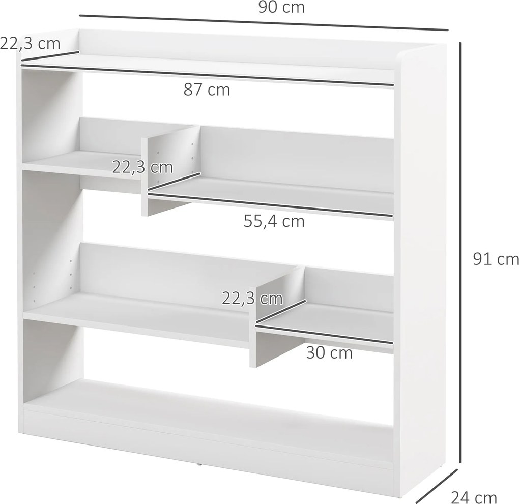 HOMCOM Könyvespolc Tároló Bútor 90L x 24W x 91H cm-es Méretekkel, 4 Szinten, 3 Hátsó Panel, Forgácslap, Fehér | Aosom