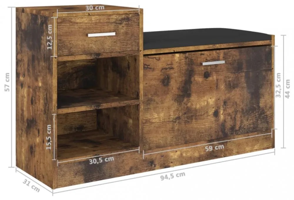 füstölt tölgy színű szerelt fa cipőtároló pad 94,5 x 31 x 57 cm