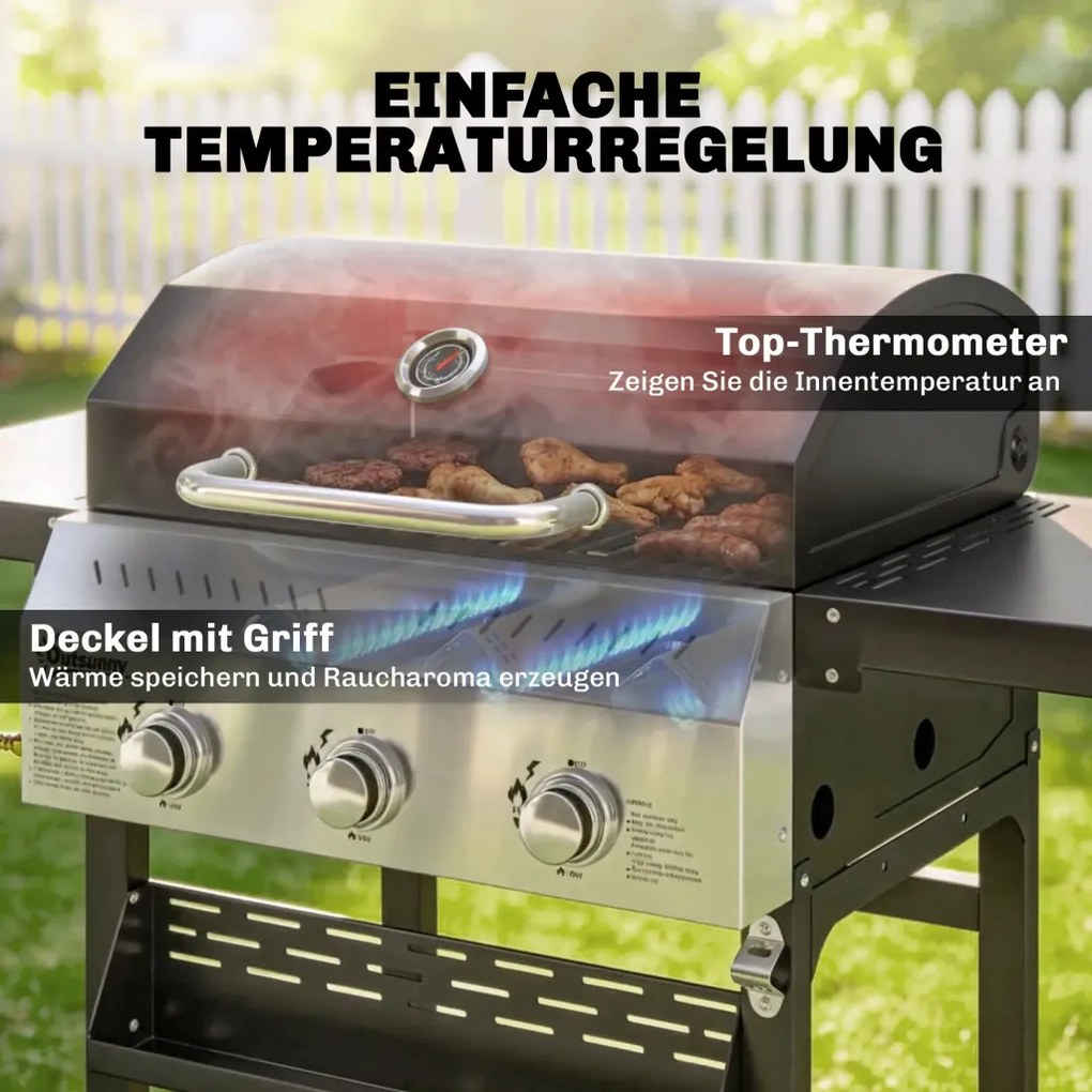 Gázgrill 9 KW 3 égős BBQ grillkocsi rozsdamentes acélból, összecsukható oldalsó asztallal, fűszertartóval