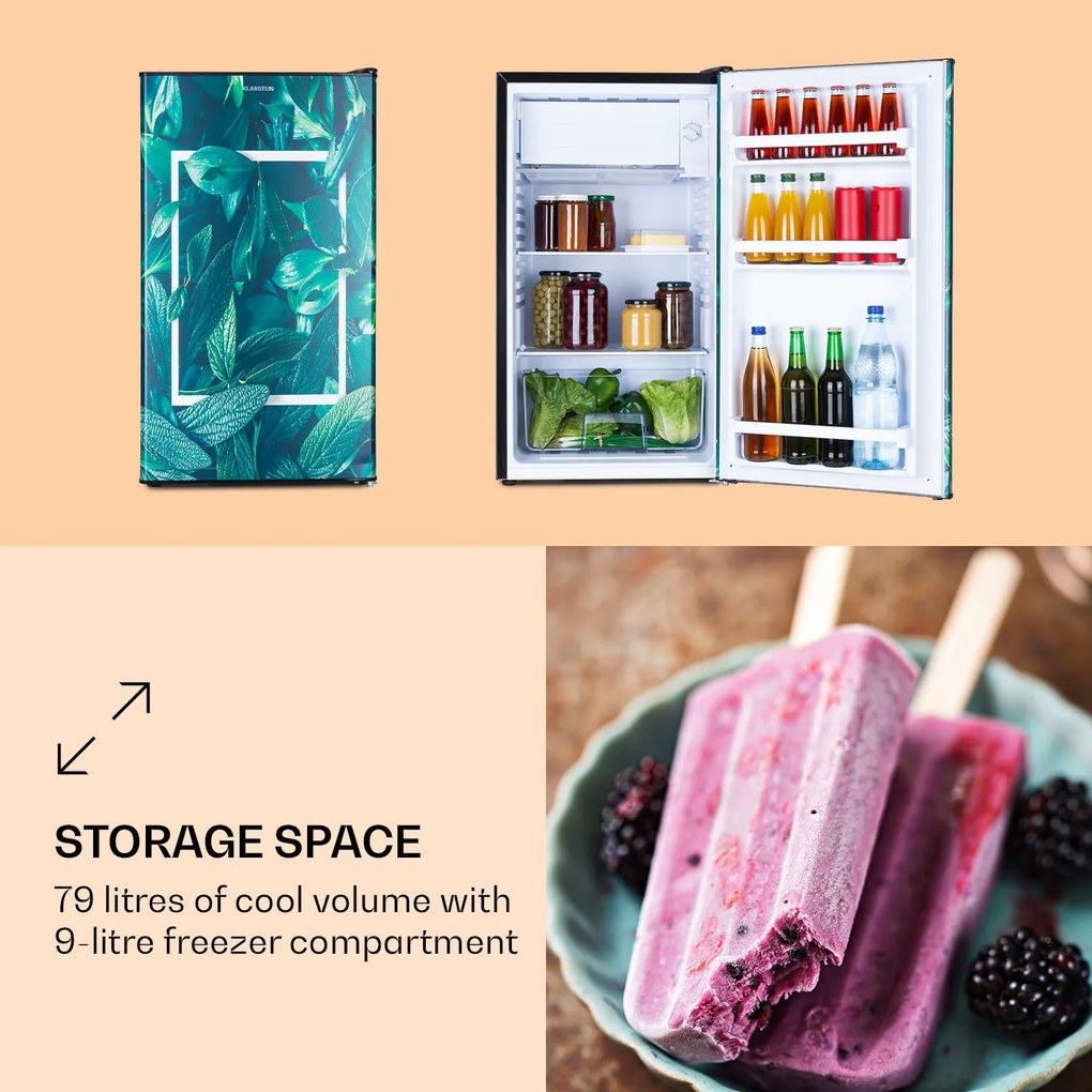 Klarstein CoolArt, 79L, kombinált hűtőszekrény, E energiahatékonysági osztály, 9 liter fagyasztó, formatervezett ajtó