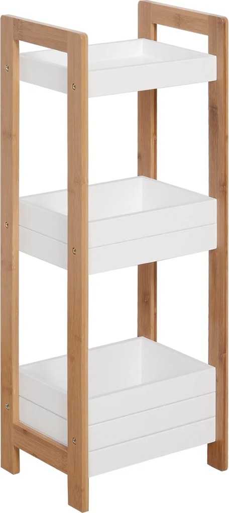 HOMCOM Fürdőszobai Polc 3 Polccal Bambusz Tároló Szervező Konyhába, Nappaliba, Mosókonyhába 27,5x20,8x74 cm Fehér és Természetes | Aosom