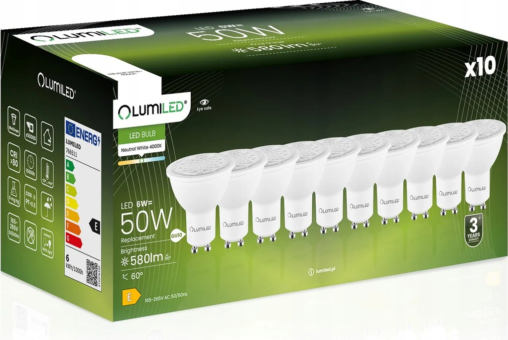 10x Led izzó GU10 6W 50W 580lm 4000K Semleges Állítható 24° 36° 60°