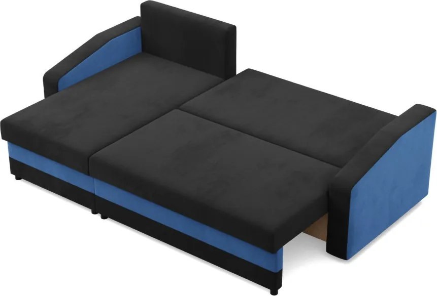 Hewlet sarokkanapé, 2 ágyneműtartóval, szövet anyag, univerzális oldal, bonell töltet, fekete - kék