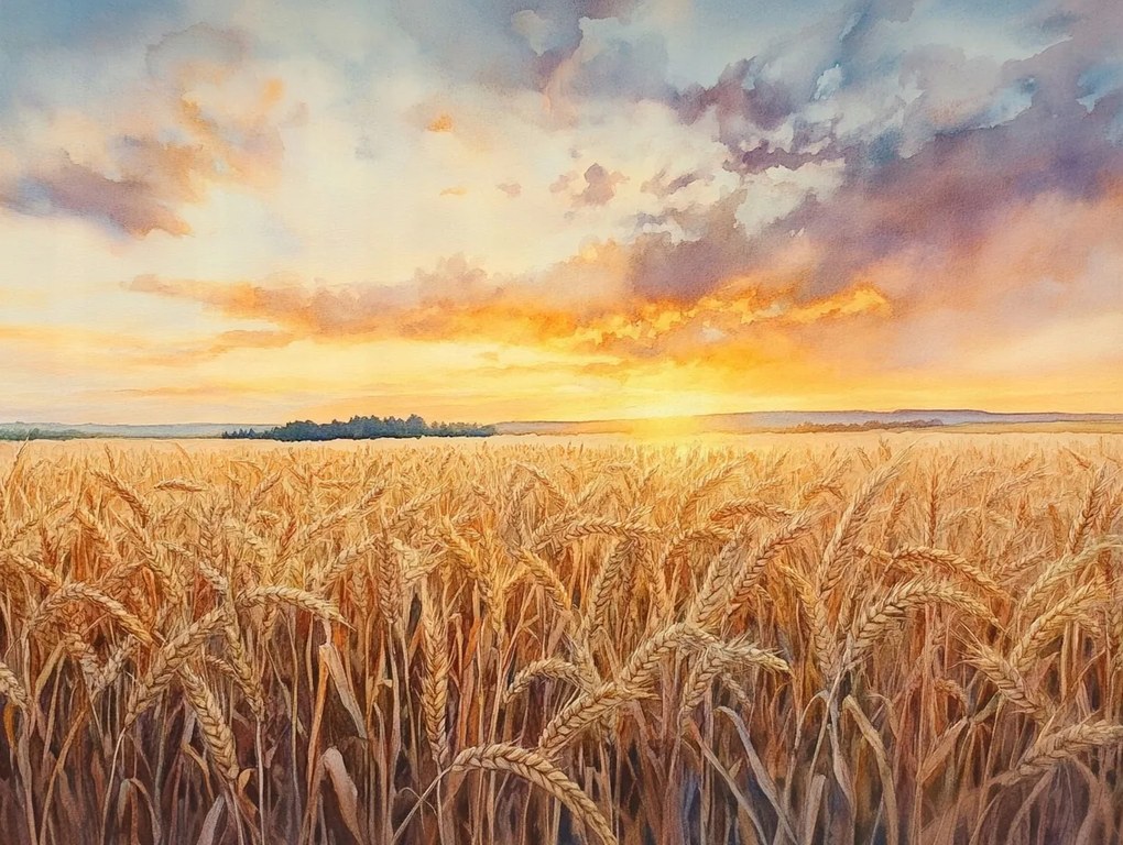 Vászonkép Canvas Tájkép Falu Mező Gabona Aratás Nyugat Nap 80x60