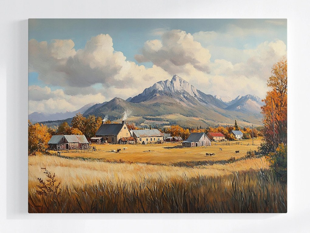 Vászonkép Canvas Tájkép Rusztikus Falu Házak Hegyek Mező Ősz 100x75