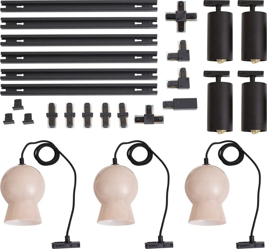 Modern fekete sínrendszer 4 spotlámpával és 3 fehér függőlámpával, 1 fázisú - Iconic Bell Jeana Luxe