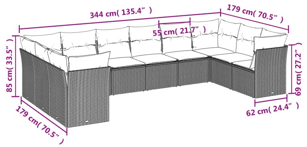 10 részes fekete polyrattan kerti ülőgarnitúra párnákkal