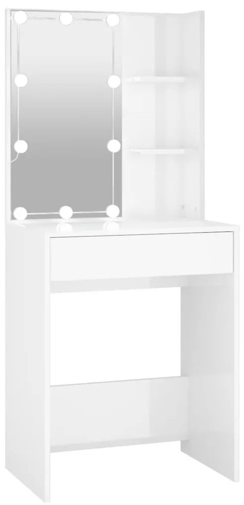 Magasfényű fehér fésülködőasztal LED-del 60 x 40 x 140 cm