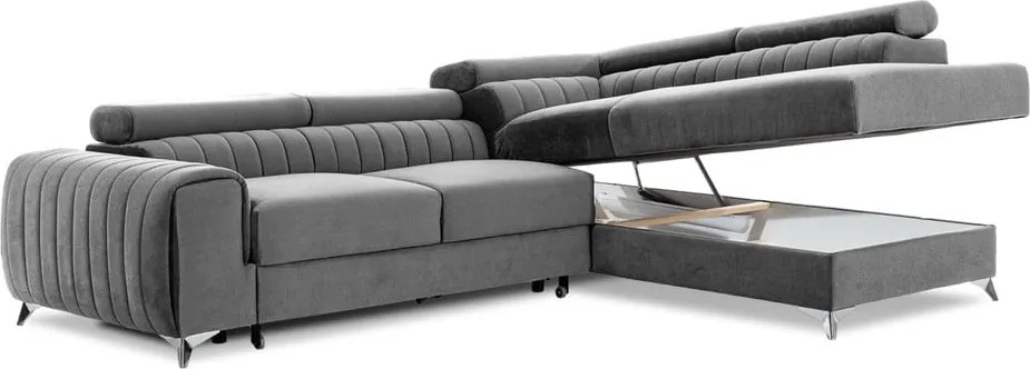 Szürke bársony kinyitható-tárolóhelyes sarokkanapé (jobb oldali-L alakú) Laurence – ELTAP