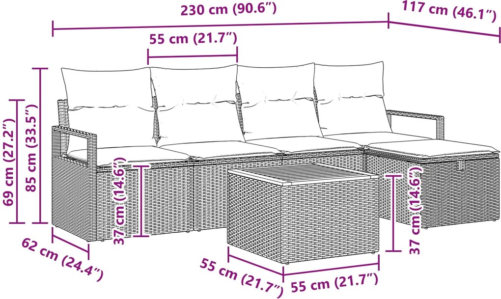 vidaXL Kerti Kanapé Szett párnával tárolóval 6 pcs Szürke Poli rattan