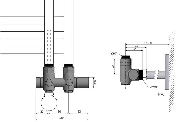 Sapho - TWIN COMBI bekötő szelepkészlet középcsatlakozáshoz, jobb oldali/fényes króm