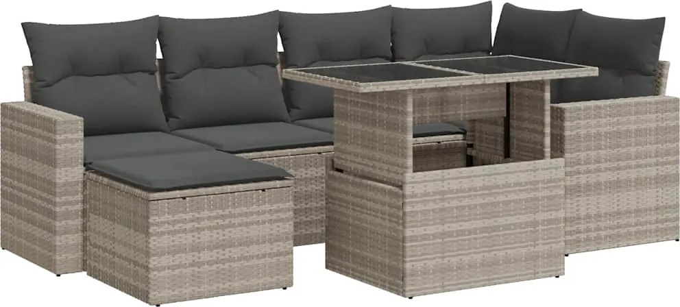 vidaXL 7 részes világosszürke polyrattan kerti ülőgarnitúra párnákkal