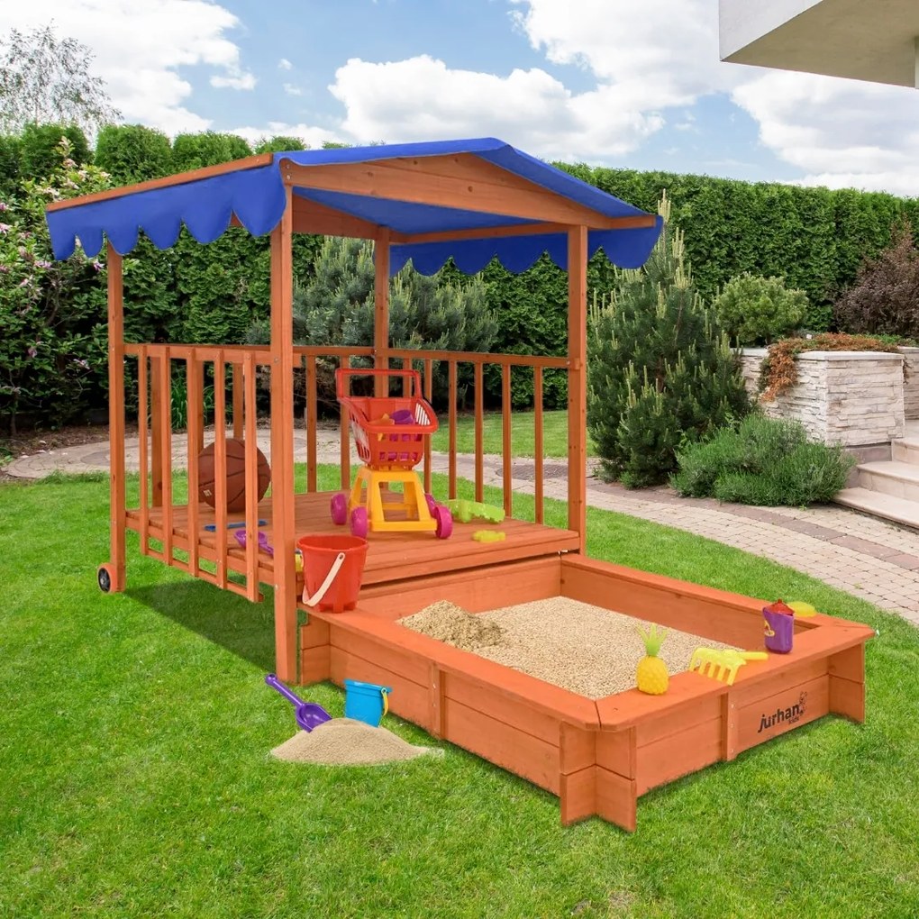 HAPPY verandás homokozó, 130x130x143cm, barna/kék Jurhan