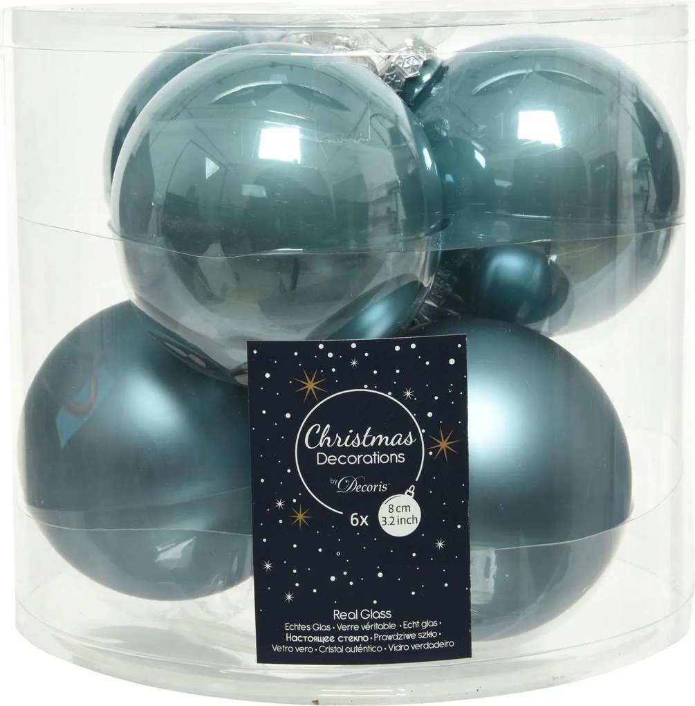 Karácsonyfa gömbök üveg 8cm 6db karácsonyfára fényes matt Kék