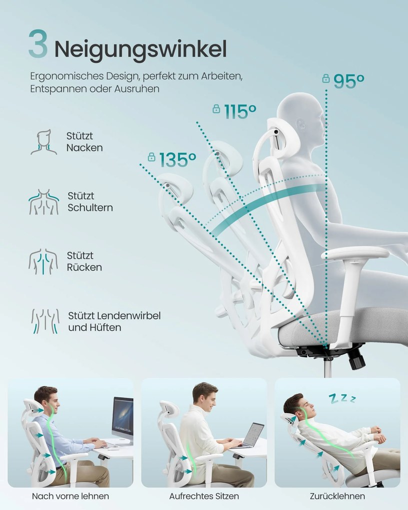SONGMICS ergonomikus irodai szék, magasságállítható, fehér-szürke