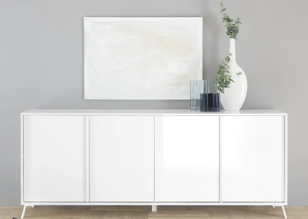 CITY Négyajtós komód, fehér, magasfényű lakkozott vázzal és előlapokkal