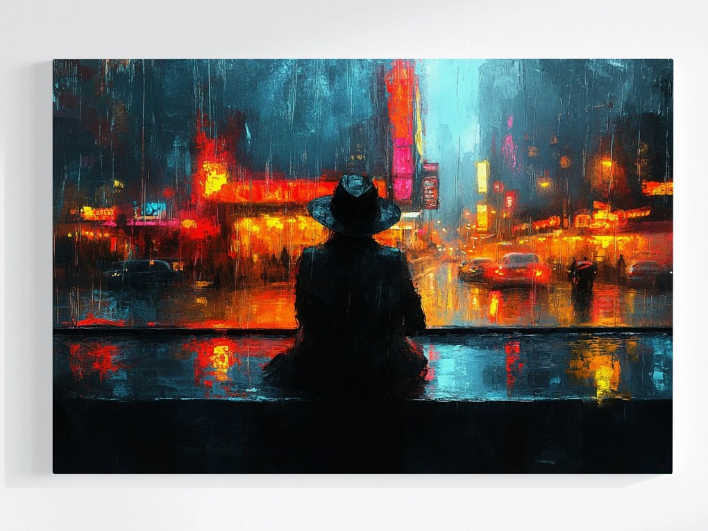 Vászonkép Canvas Figura Férfi Éjszaka Város Eső Fény 120x80