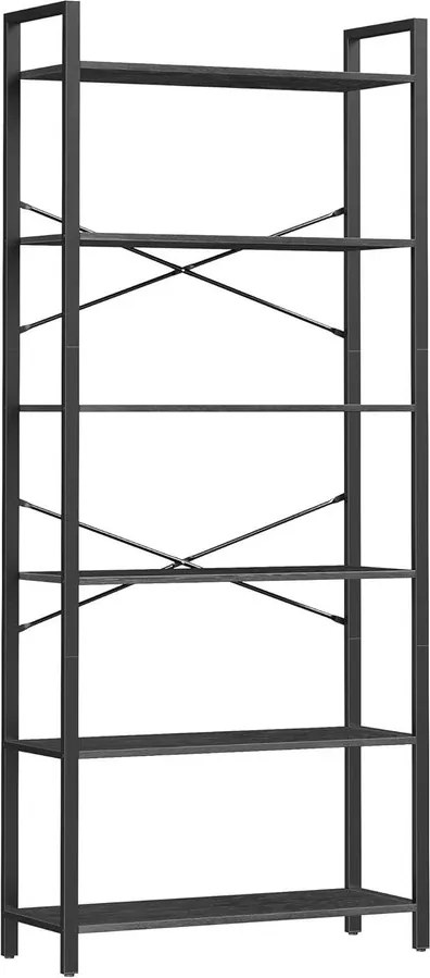 6 szintes magas könyvespolc, szabadon álló polc, acélkeret, fekete