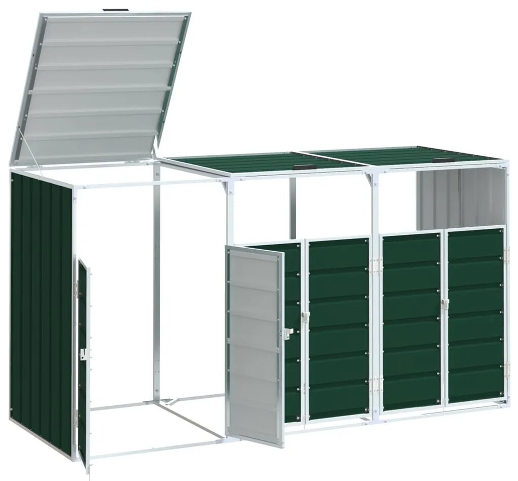 zöld acél kerekes szemetes tároló 3 szemeteskukához 216 x 81 x 115 cm