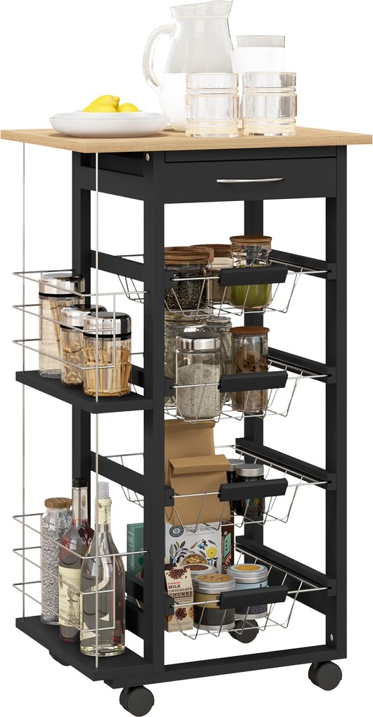 HOMCOM Konyhai Kocsi Kerekekkel, Többfunkciós Kocsi Fiókkal, 4 Kivehető Fém Kosárral és Oldalsó Polcokkal, 47x37x83 cm, Fekete és Natúr Fa | Aosom