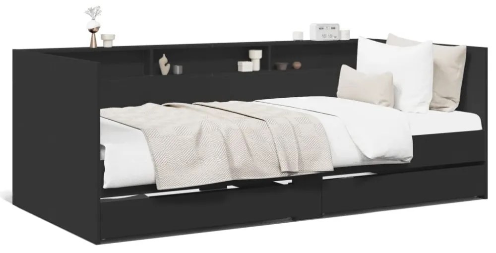 fekete kanapéágy fiókkal matrac nélkül 100x200 cm