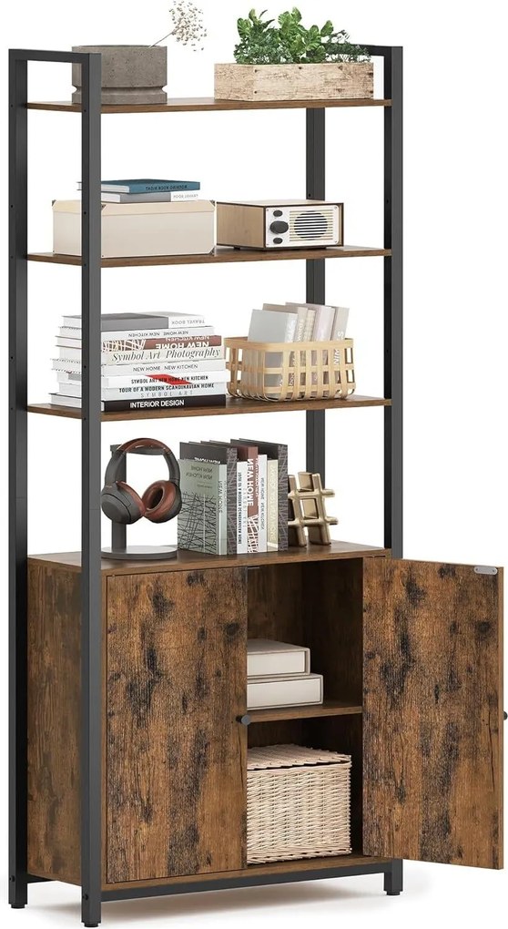 Könyvespolc, 6 szintes, állópolc ajtókkal, 24 × 60 × 159,5 cm, vintage barna–tintafekete