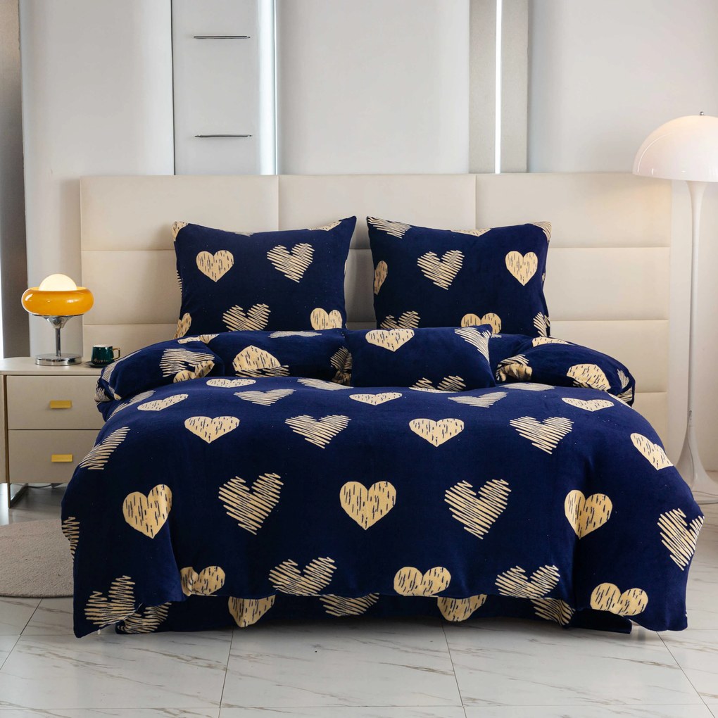 Mikroplüss ágyneműhuzat GOLDEN HEARTS sötétkék Ágyneműhuzat mérete: 2 db 70 x 90 cm | 200 x 220 cm