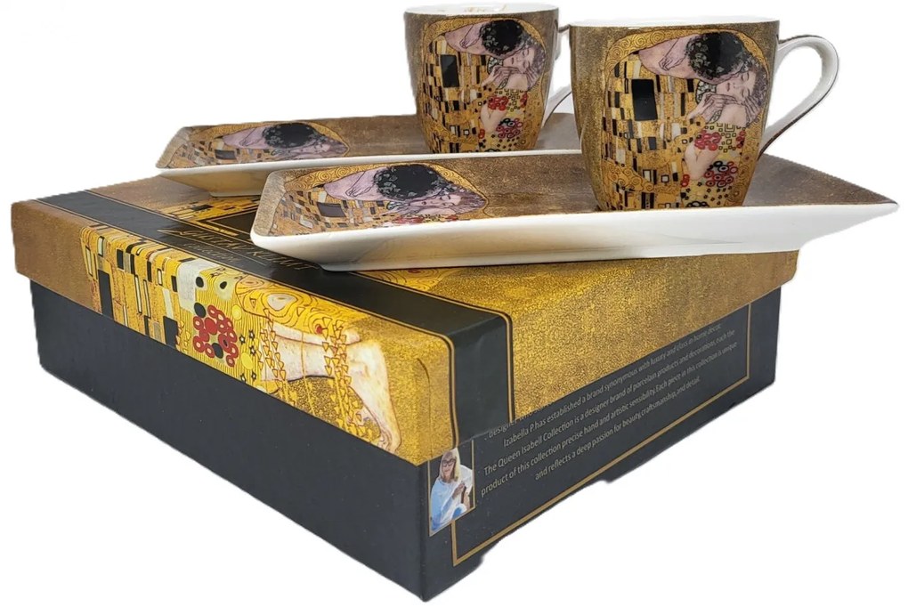 Kétszemélyes porcelán kis kávés csésze tálcával Klimt A Csók díszdobozban