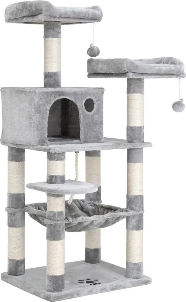 Macska kaparófa, cicaházzal, plüss pihenőhelyekkel, szürke 143x55x45cm