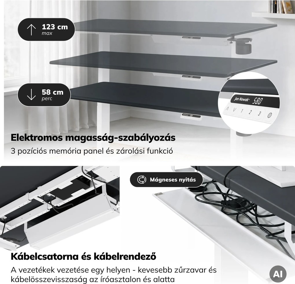 Elektromos, állítható magasságú, ergonomikus, fehér-antracit íróasztal,1600x800 mm: ARIA