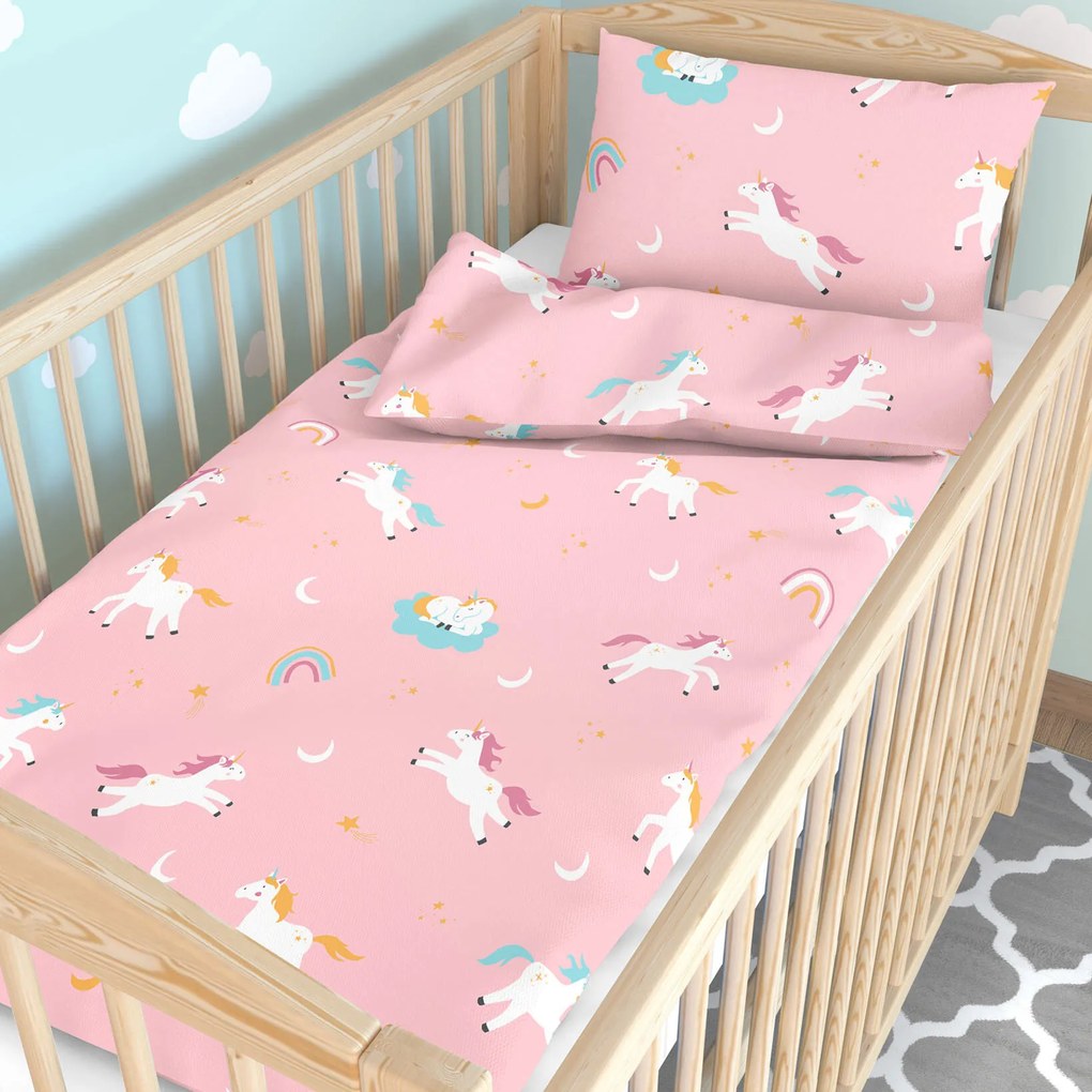 Goldea gyermek pamut ágyneműhuzat kiságyba - vidám egyszarvúak 90 x 130 és 40 x 60 cm