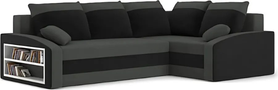 Grande sarokkanapé polcokkal , polc a bal karfaban, jobboldali, szövet anyag, hab töltet, szürke - fekete