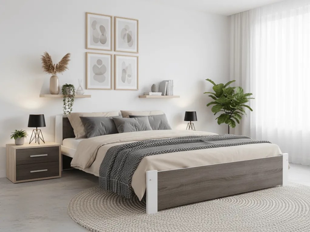 IKAROS ágy 140 x 200 cm, fehér/trüffel tölgy Ágyrács: Lamellás ágyrács, Matrac: Deluxe 10 cm matrac