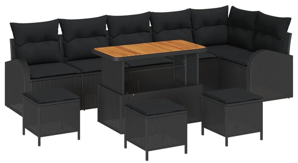 9 darabos kert kanapé szett párnákkal fekete poli-rattan, 2 fős kert kanapé párnákkal fekete poli-rattan, 3 darabos kert étkező szett párnákkal fekete poli-rattan