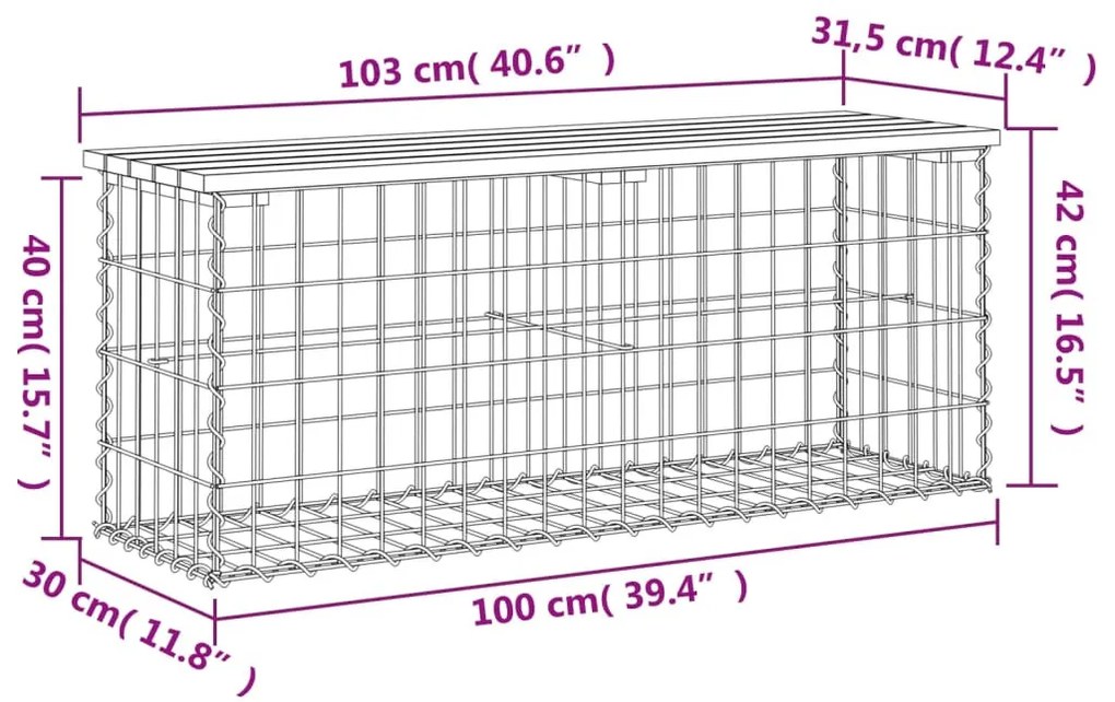 impregnált fenyőfa gabion kerti pad 103 x 31,5 x 42 cm