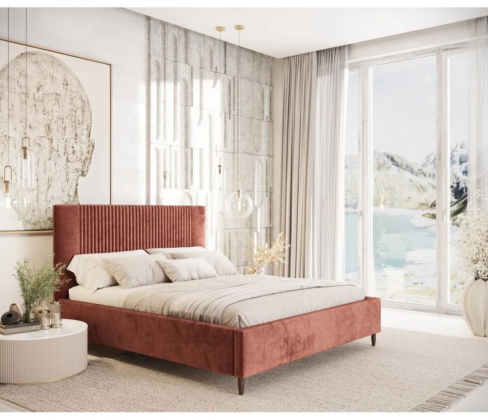 Téglavörös kárpitozott ágyneműtartós franciaágy ágyráccsal 140x200 cm Etero – Maison de Rêve