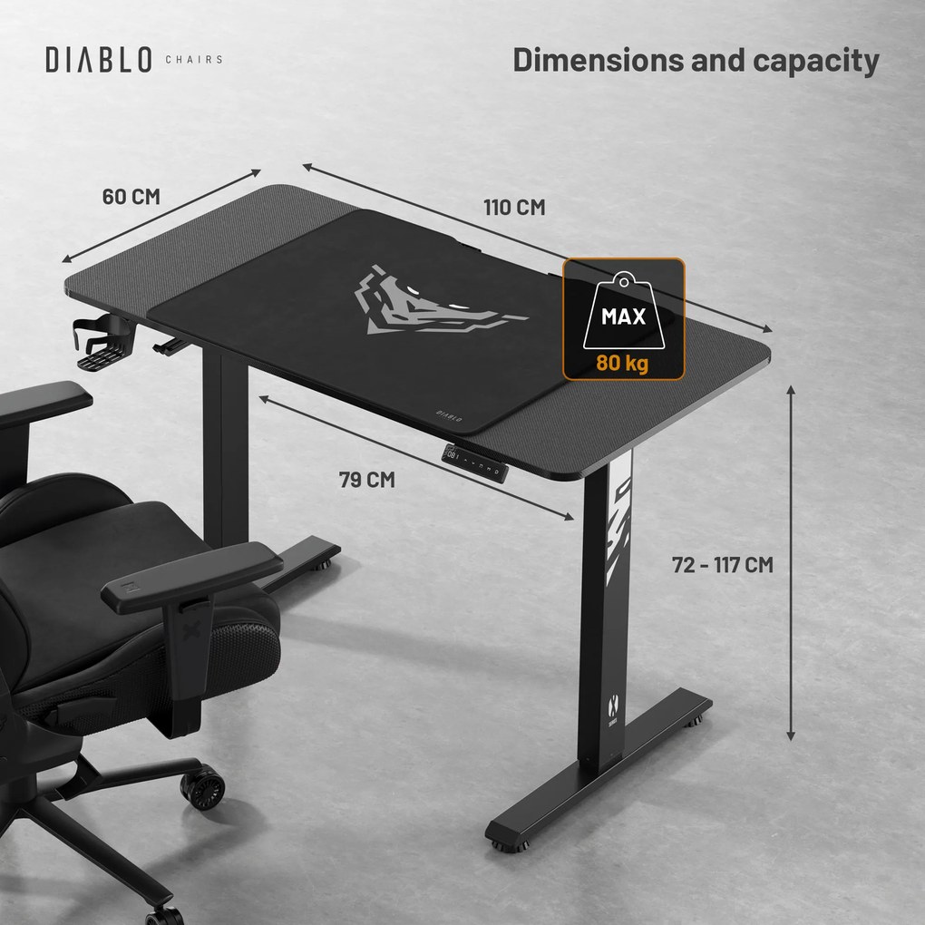 Elektromosan magasságban állítható íróasztal 110 cm fekete: Diablo X-Tensio 1100