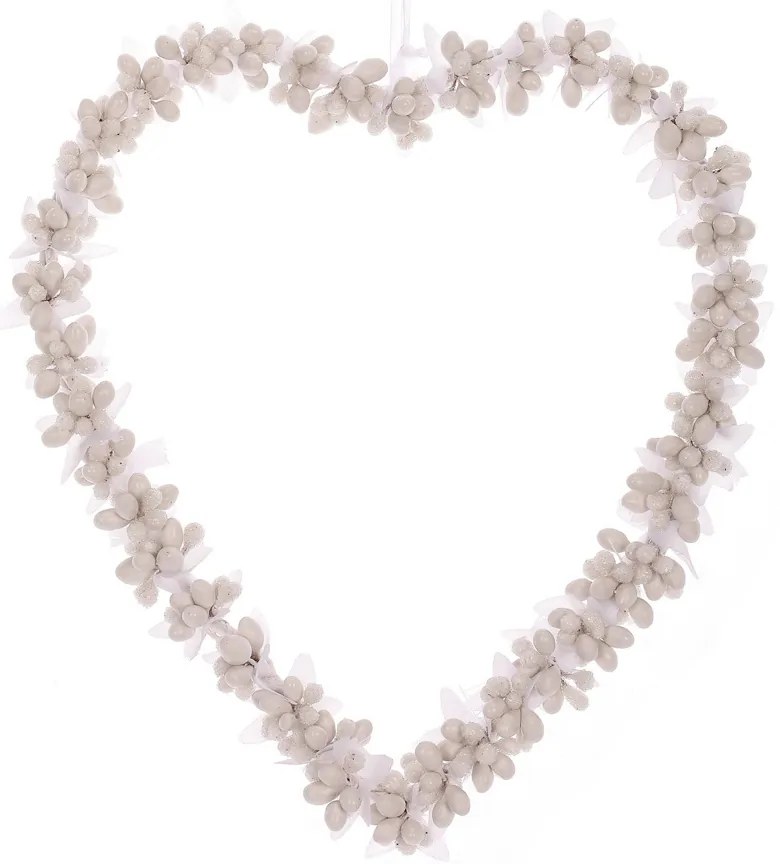 Függő szív bogyós gyümölcsökből, 22 x 2 x 24 cm,fehér