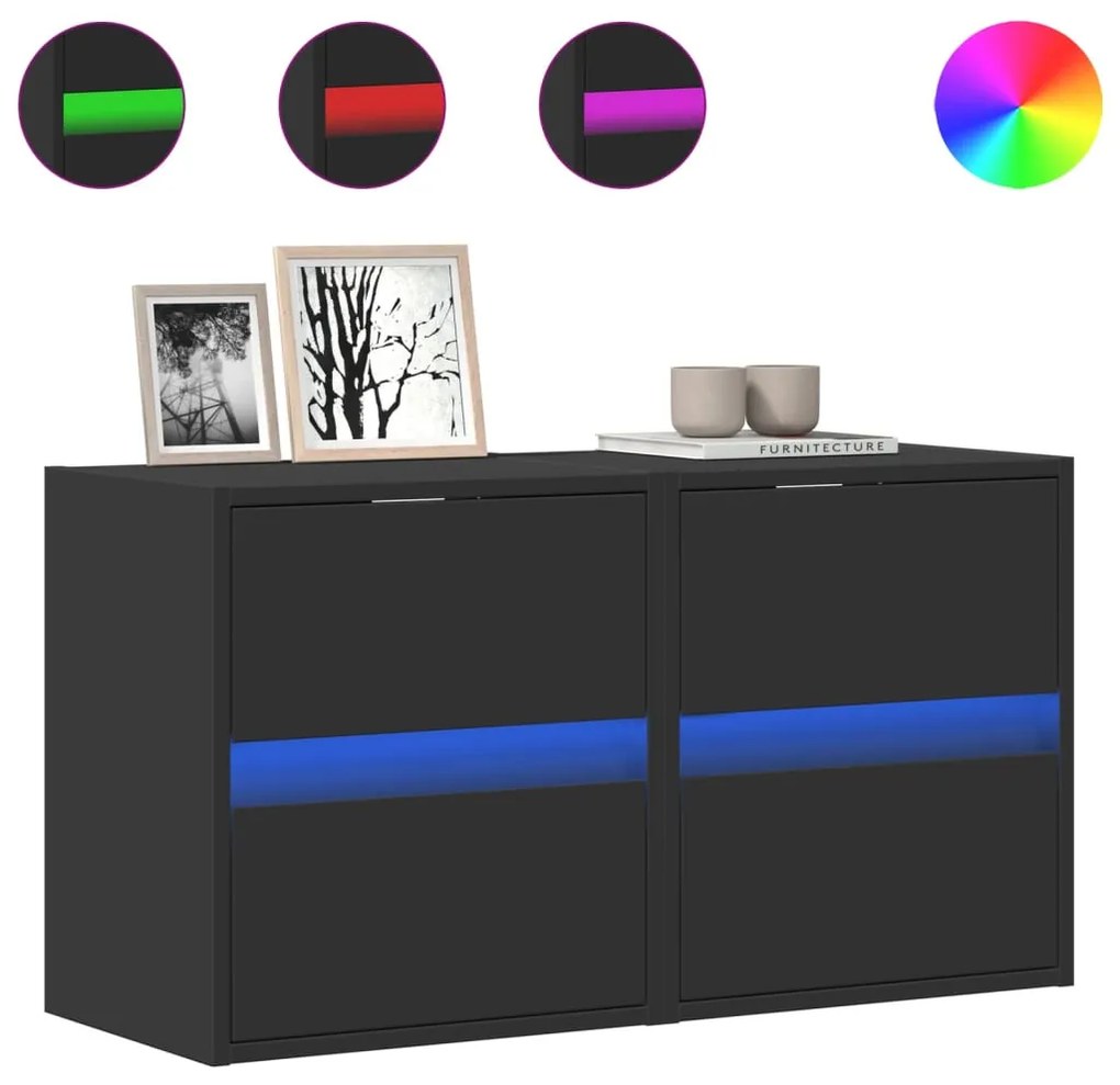 2 db fekete fali TV-szekrény LED-világítással 41x31x45 cm